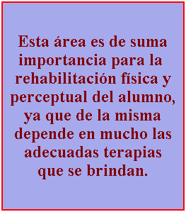 Text Box: Esta rea es de suma importancia para la  rehabilitacin fsica y perceptual del alumno, ya que de la misma depende en mucho las adecuadas terapias que se brindan.
