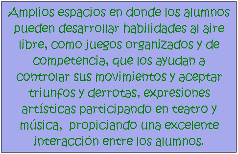 Text Box: Amplios espacios en donde los alumnos pueden desarrollar habilidades al aire libre, como juegos organizados y de competencia, que los ayudan a controlar sus movimientos y aceptar triunfos y derrotas, expresiones artsticas participando en teatro y msica,  propiciando una excelente interaccin entre los alumnos.
